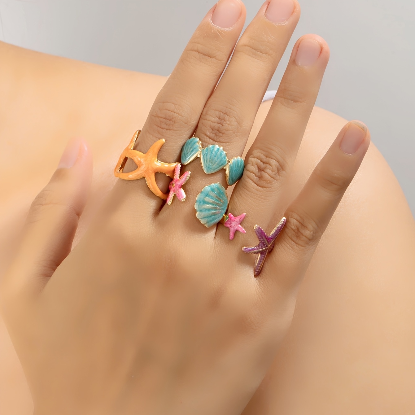 Women's Ocean Beach Vacation Style Starfish Shell Ring Set